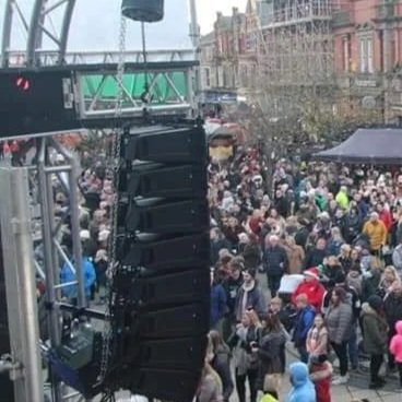 RCF line array PA system at an outdoor event
